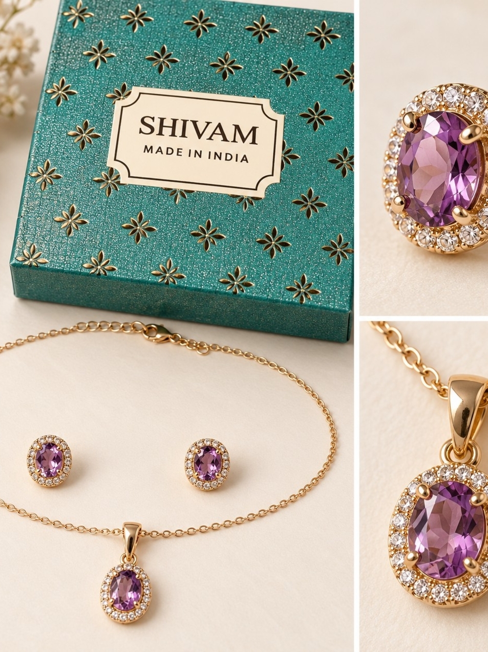 SHIVAM Amethyst Necklace & Stud Earring Set – Gold-Plated Sterling Silver.